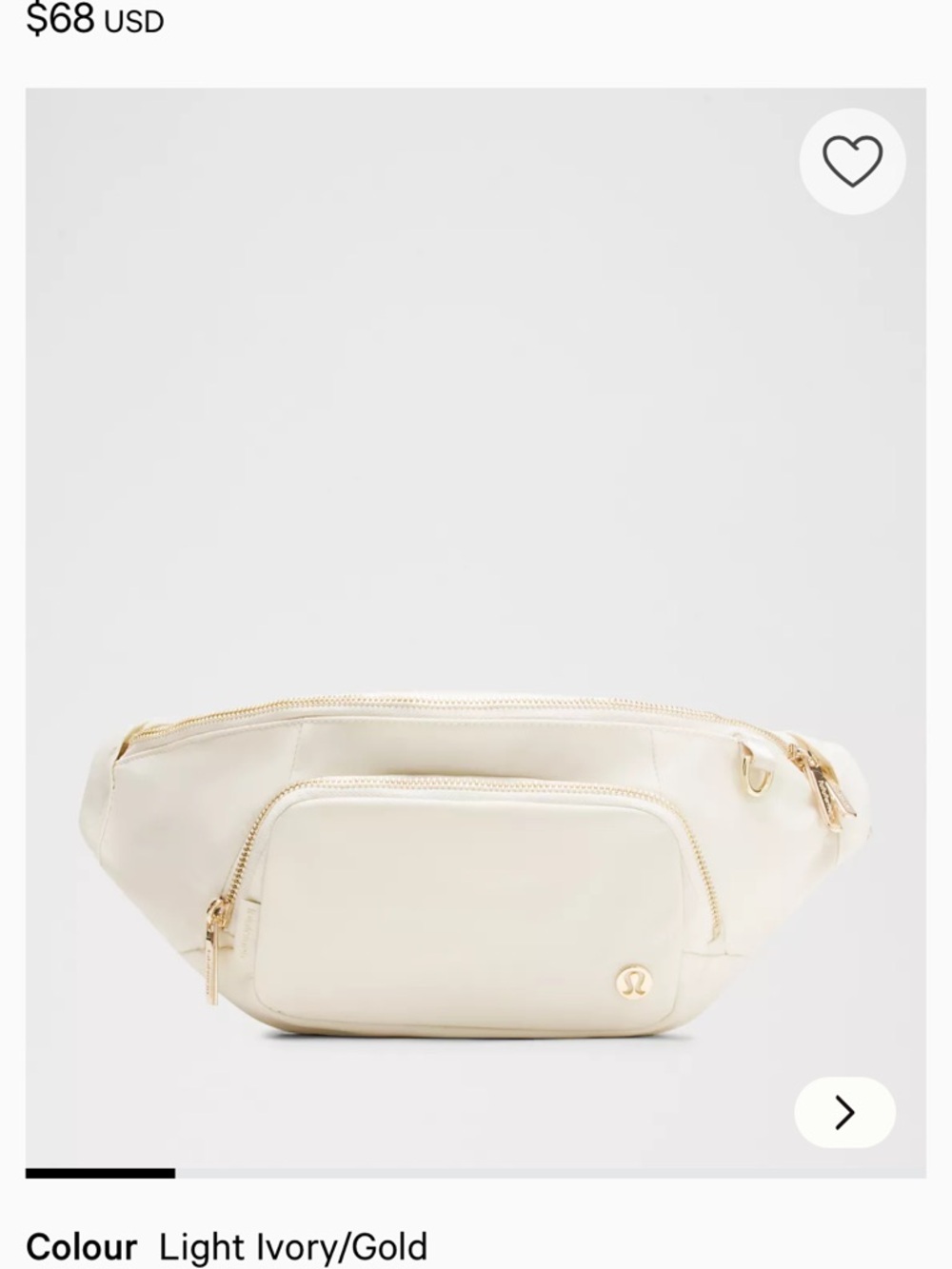 lululemon athletica Light Ivory Belt Bag with Gold Hardware